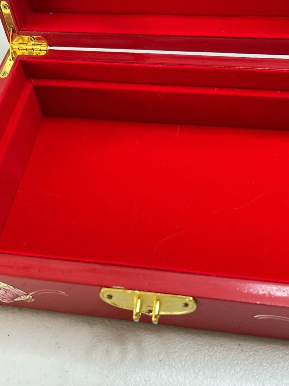 Red Vintage Wooden Jewelry Storage Box with Hand-Painted Floral Design